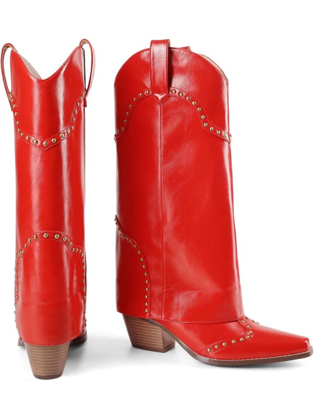 Woman's Red Patent Snip Toe Knee High Shark Chunky Heel Cowgirl Western Boots - Picture 4 of 5